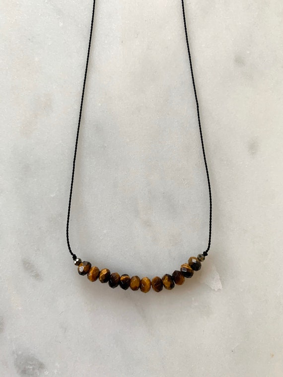 TIGERS EYE + Pyrite GEM Drop Healing Necklace w/Faceted Beads on Silk Cord/Layering Necklace/ Healing Necklace/ Transformation/ Solar Plexus