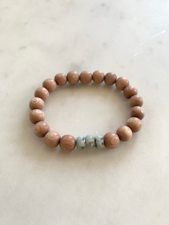 Faceted KIWI JASPER Healing Beaded Bracelet w/Rose Wood Beads// Statement Bracelet/ Stacking Bracelet// Healing Bracelet/ Grounding Jewelry