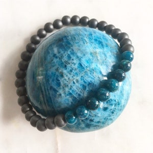 Frosted Hematite + Polished Apatite Healing Beaded Bracelet// B.J.B.A.// MEN'S BRACELET// Healing Bracelet// Unisex Bracelet// Blue Apatite