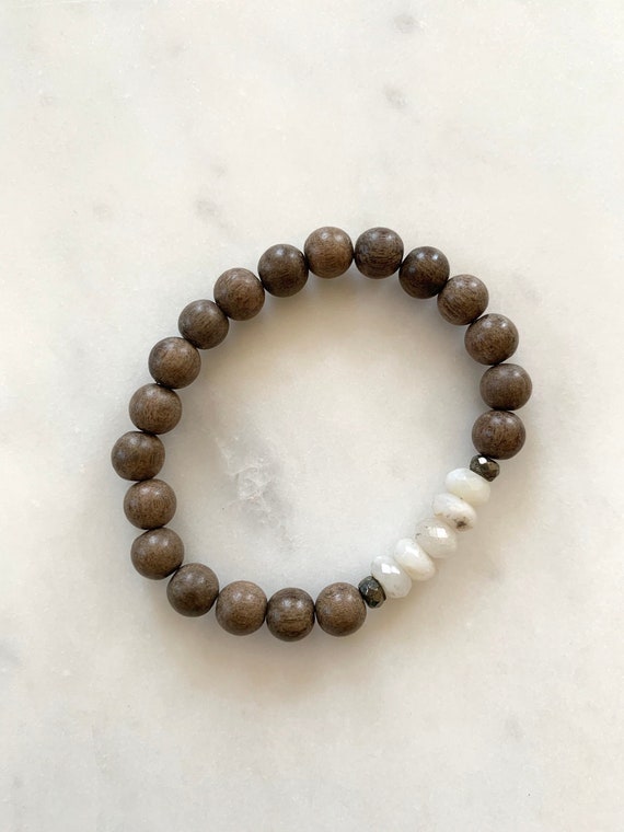 Beautiful Faceted OPAL + Pyrite HEALING Beads w/Gray Wood Beaded BRACELET// Stacking// Statement Bracelet// Birthstone Jewelry// October