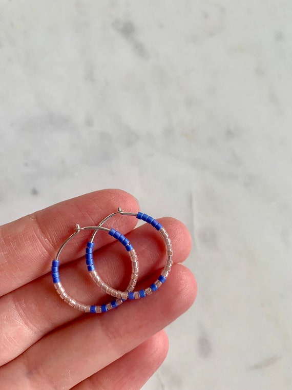 Egyptian Blue + Pink Glass Beaded Sterling Silver HOOP Earrings// Earrings// Hoop Earrings// Trendy Hoops// Beaded Earrings// Summer Style