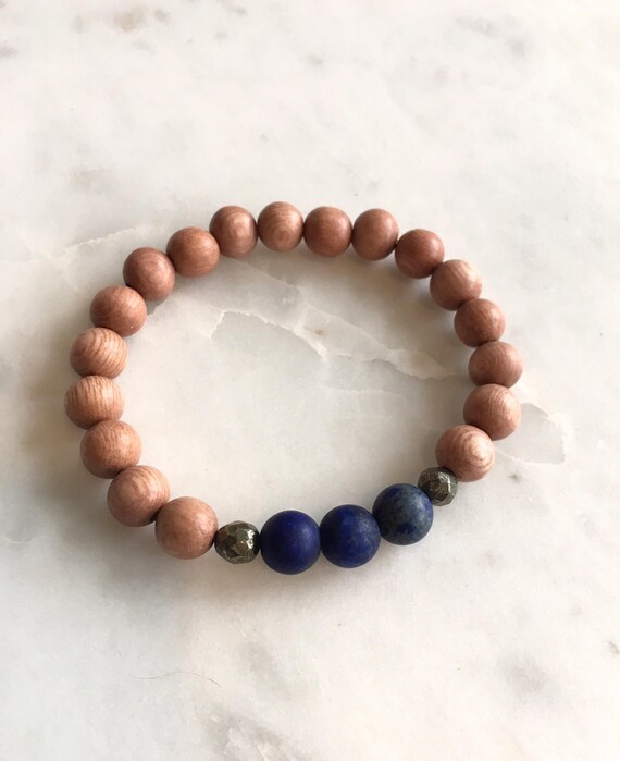 Beautiful Frosted LAPIS LAZULI + Faceted PYRITE Healing Beads w/Rose Wood Beaded Bracelet// Stacking Bracelet// Statement Bracelet// Healing