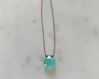 BLUE CHALCEDONY Gem Drop Healing NECKLACE w/Faceted Briolette Bead on Silk Cord// Layering Necklace// Healing Necklace// Delicate Necklace