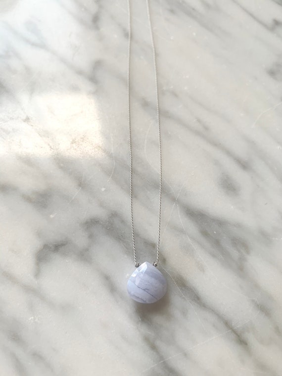 Blue LACE AGATE Gem Drop Healing NECKLACE w/Faceted Briolette Bead on Sturdy Cord// Layering Necklace// Healing Necklace// Delicate Necklace