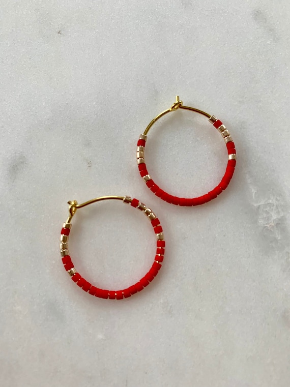 HOLIDAY ready Red + Gold Glass Beaded Gold Vermeil HOOP Earrings/ Earrings/ Hoop Earrings/ Trendy Hoops/ Beaded Earrings/ FESTIVE Earrings