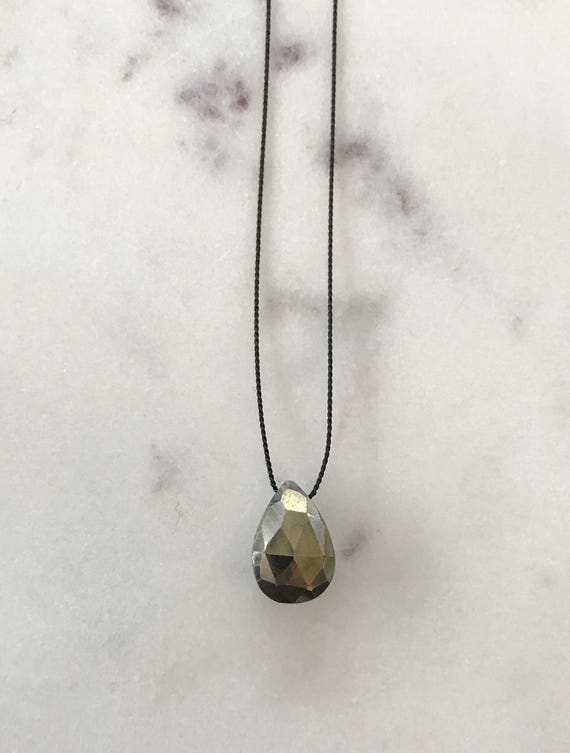 Pyrite GEM DROP Healing NECKLACE with Faceted Pyrite Briolette Bead on Silk Cord// Layering Necklace// Healing Necklace// Delicate Jewelry