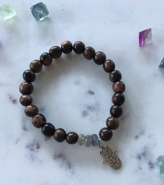 Tiger Ebony Wood Beaded Bracelet with Faceted LABRADORITE Healing Beads and Sterling Silver HAMSA HAND Charm// Stacking Statement Bracelet//