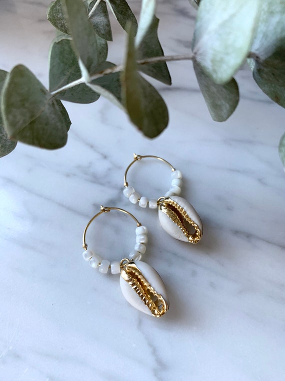 Beautiful GOLD-Dipped Goddess COWRIE Shell+ Mother of PEARL Hoop Earrings/ Earrings/ Shell Earrings/ Seashell Jewelry/ Nautical Jewelry