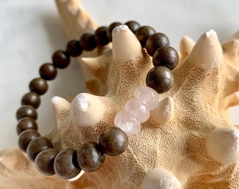 Faceted ROSE QUARTZ Healing Beads w/Gray Wood Beaded Bracelet/ Statement Bracelet// Healing Bracelet/ Stacking Bracelet// LOVE Stone
