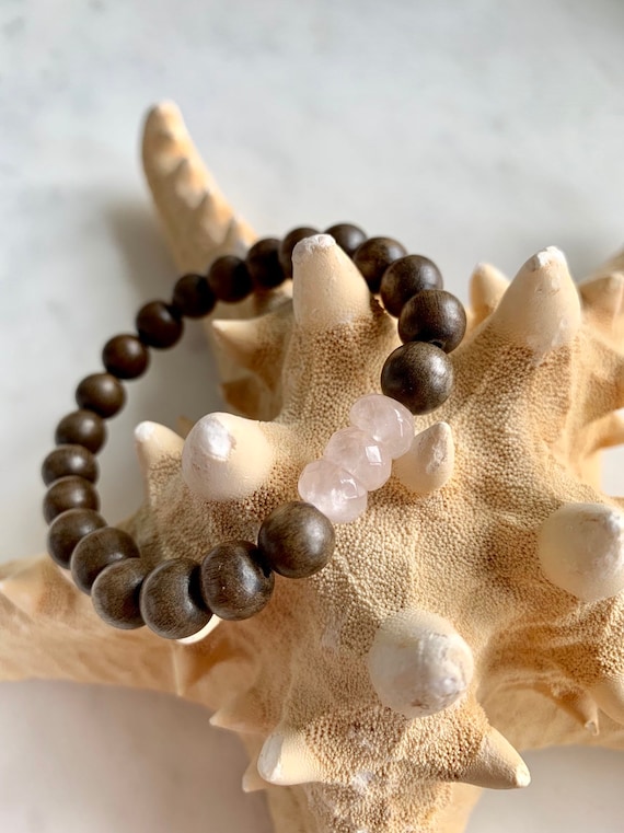 Faceted ROSE QUARTZ Healing Beads w/Gray Wood Beaded Bracelet/ Statement Bracelet// Healing Bracelet/ Stacking Bracelet// LOVE Stone