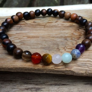 Tiger Ebony Wood Beaded Chakra Bracelet with Genuine Faceted Healing Crystal Beads// Healing Bracelet// Stacking Bracelet// Unisex Bracelet image 1