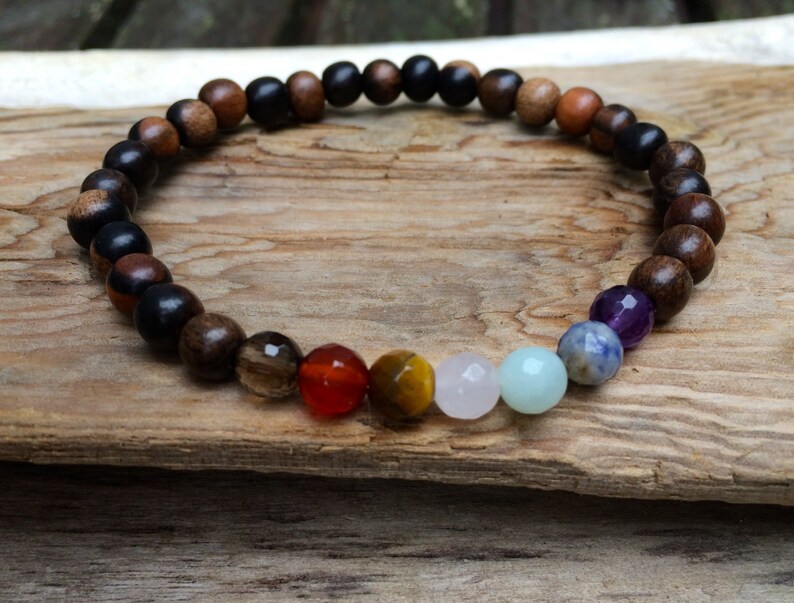 Tiger Ebony Wood Beaded Chakra Bracelet with Genuine Faceted Healing Crystal Beads// Healing Bracelet// Stacking Bracelet// Unisex Bracelet image 1
