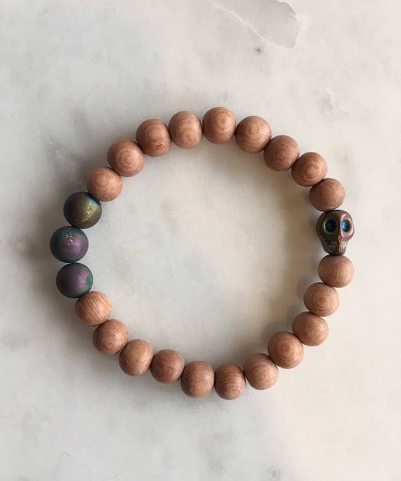 Beautiful Frosted Titanium Rainbow AGATE + Hematite SKULL Healing Beads w/Rose Wood Beaded Bracelet// Stacking Bracelet// Statement Bracelet