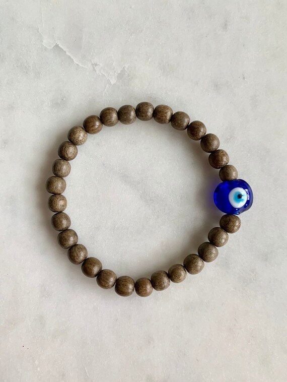 Beautiful Glass EVIL EYE Healing Beads w/Gray Wood Beaded Bracelet// Stacking Bracelet/ Statement Bracelet// Healing/ Protection// Evil Eye