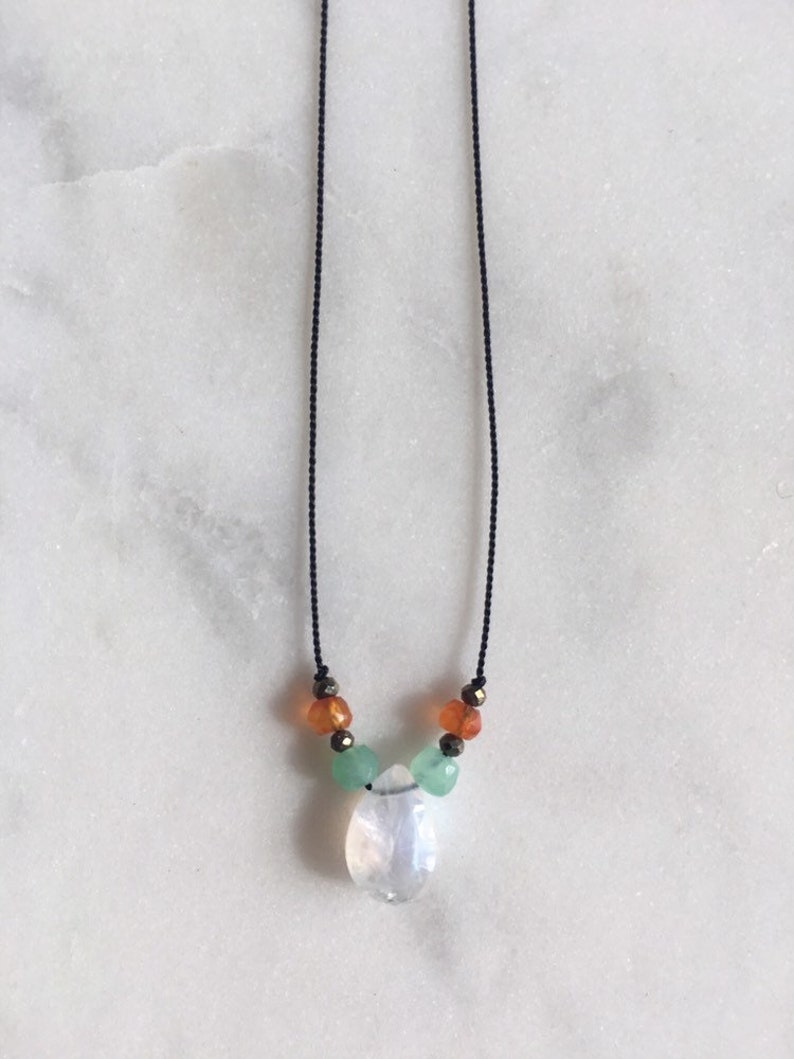 FERTILITY Gem Drop Healing Necklace w Rainbow Moonstone Carnelian Chrysoprase Pyrite Beads on Silk Cord Positive Mantra Jewelry