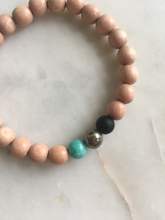 STRESS/ANXIETY RELIEF ~Positive Mantra Bracelet~ Wooden Bracelet w/ Semi-Precious Healing Stones <<Amazonite, Onyx + Pyrite>> Mens Bracelet