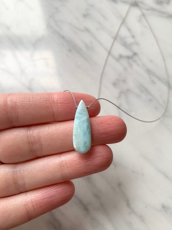 LARIMAR GEM Drop HEALING Necklace w/Polished Drop Bead on Gray Cord// Layering Necklace/ Healing Necklace// Goddess Jewelry/ Larimar Jewelry