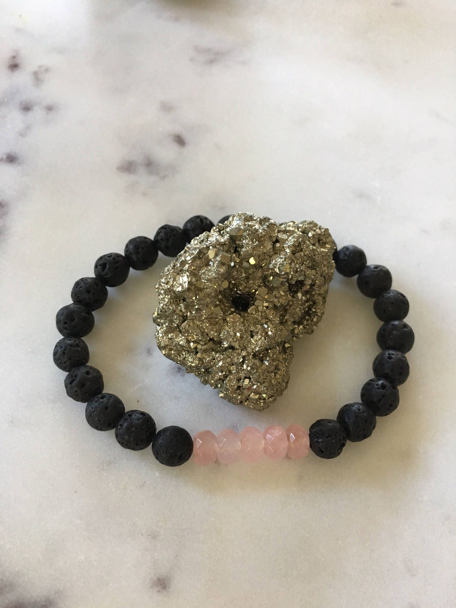 Faceted ROSE QUARTZ LAVA Rock Healing Beaded Bracelet// Statement