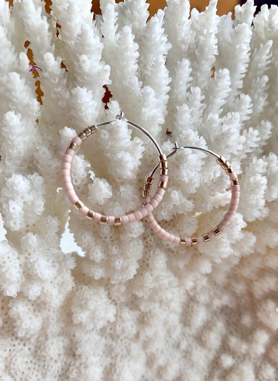 Pink + Gold Glass Beaded Sterling Silver HOOP Earrings// Earrings// Hoop Earrings// Trendy Hoops// Beaded Earrings// Summer Style