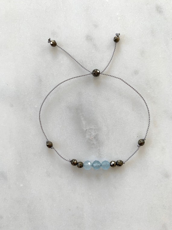 GODDESS Collection> AQUAMARINE + Pyrite Healing Beads// Faceted Gemstones// Minimalism// Adjustable Nylon Bracelet// March Birthstone