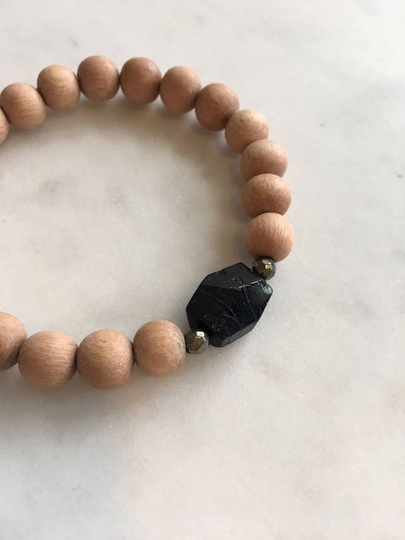 Beautiful Faceted BLACK TOURMALINE +  PYRITE Healing Beads w/Rose Wood Beaded Bracelet// Stacking Bracelet// Statement Bracelet// Healing