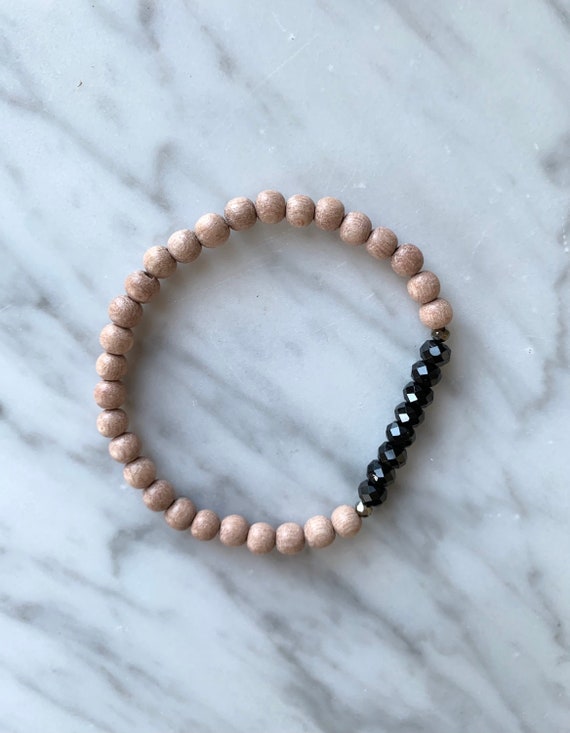 Beautiful Faceted BLACK TOURMALINE +  Pyrite Healing Beads w/Rose Wood Beaded Bracelet// Stacking Bracelet// Statement Bracelet// PROTECTION