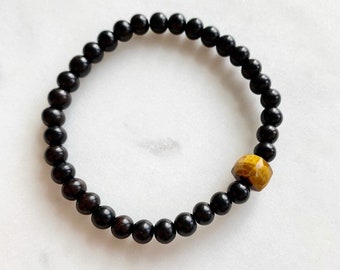 Beautiful Faceted TIGER'S EYE Cube Healing Bead w/ Tiger Ebony Wood Beaded Bracelet// Statement Bracelet// Healing Bracelet// Tiger Eye