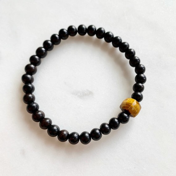 Beautiful Faceted TIGER'S EYE Cube Healing Bead w/ Tiger Ebony Wood Beaded Bracelet// Statement Bracelet// Healing Bracelet// Tiger Eye