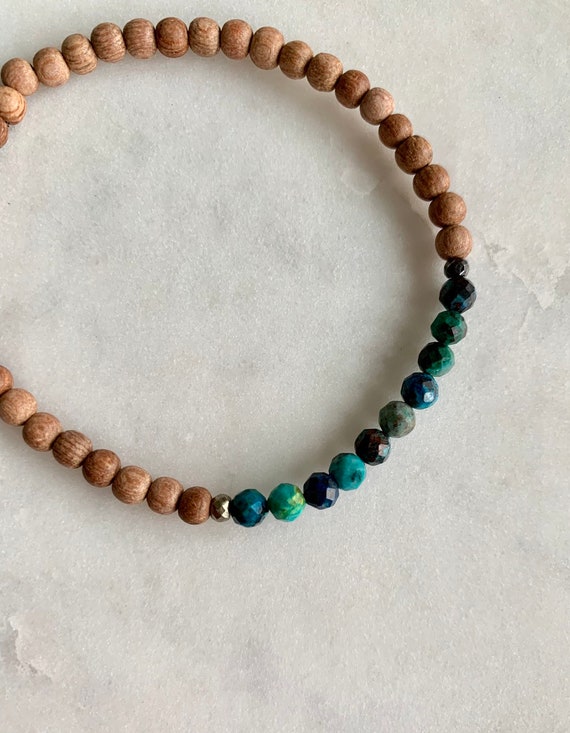 Itty Bitty Faceted CHRYSOCOLLA & PYRITE Healing Bracelet w/ Rose Wood Beads// Stacking Bracelet// Healing Bracelet// Statement Bracelet