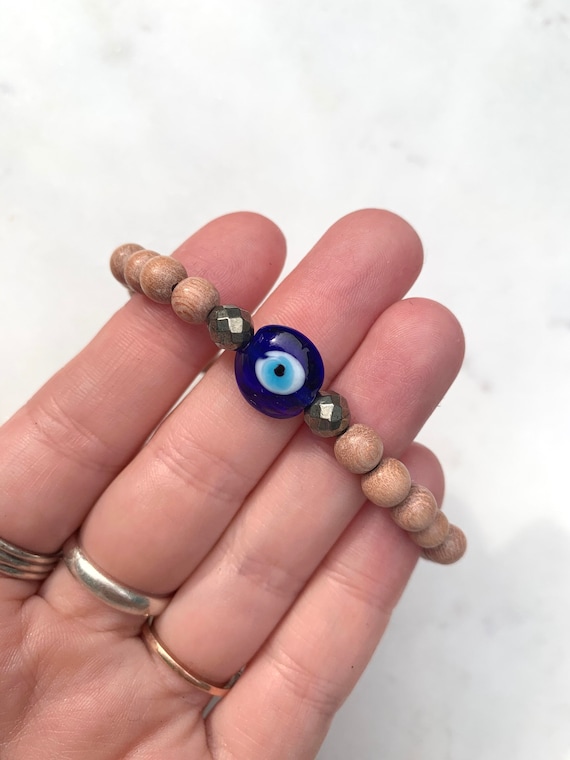 Beautiful Glass EVIL EYE + Pyrite Healing Beads w/Rose Wood Beaded Bracelet// Stacking Bracelet/ Statement Bracelet// Healing/ Protection