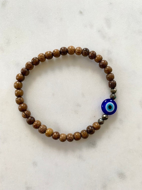 Beautiful Glass EVIL EYE + PYRITE Protection Healing Bracelet w/Robles Wood Beads// Stacking Bracelet/ Statement Bracelet// Evil Eye Jewelry