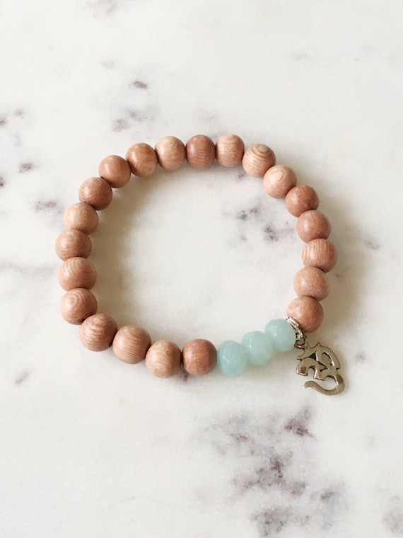 Beautiful Faceted AMAZONITE Healing Beads and Sterling Silver OM Charm with Natural Rose Wood Beads// Healing Bracelet// Charm Bracelet/ Ohm