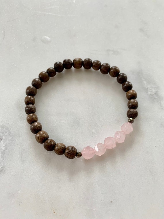 Geometric ROSE QUARTZ + Faceted PYRITE Healing Beads w/Gray Wood Beaded Bracelet/ Stacking Bracelet/ Statement Bracelet/ Rose Quartz/ Love