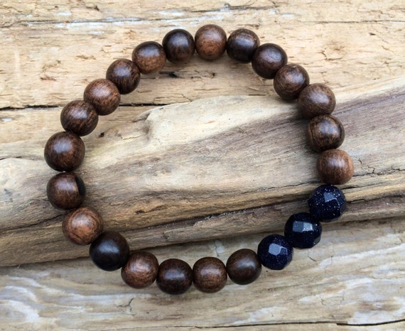 Tiger Ebony Wood Beaded Bracelet with Faceted Blue Goldstone Healing Beads// Statement Bracelet// Healing Bracelet// Stacking Bracelet