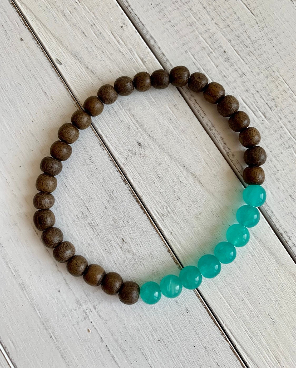 Polished AMAZONITE Healing Beads w/ Gray Wood Beaded Bracelet// B.J.B.A