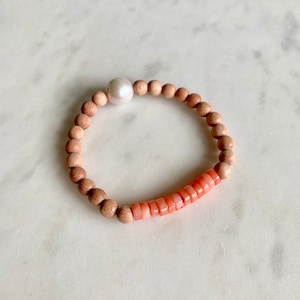 Genuine Vintage PINK CORAL + PEARL Healing Beads w/ Rose Wood/ Beaded Bracelets// Stacking Bracelet/ Nautical Bracelet// Birthstone Jewelry