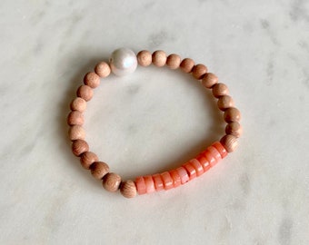 Genuine Vintage PINK CORAL + PEARL Healing Beads w/ Rose Wood/ Beaded Bracelets// Stacking Bracelet/ Nautical Bracelet// Birthstone Jewelry