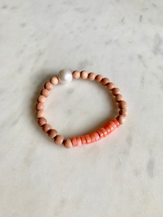 Genuine Vintage PINK CORAL + PEARL Healing Beads w/ Rose Wood/ Beaded Bracelets// Stacking Bracelet/ Nautical Bracelet// Birthstone Jewelry