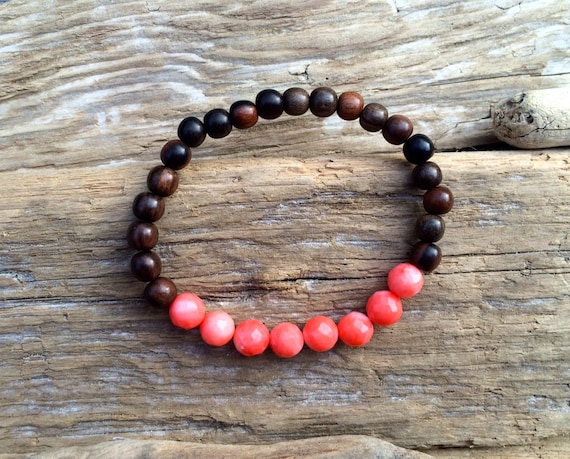 Faceted PINK CORAL Healing Bead w/ Tiger Ebony Wood// Beaded Bracelets// Stacking Bracelet// Nautical Bracelet// Statement Bracelet// Coral