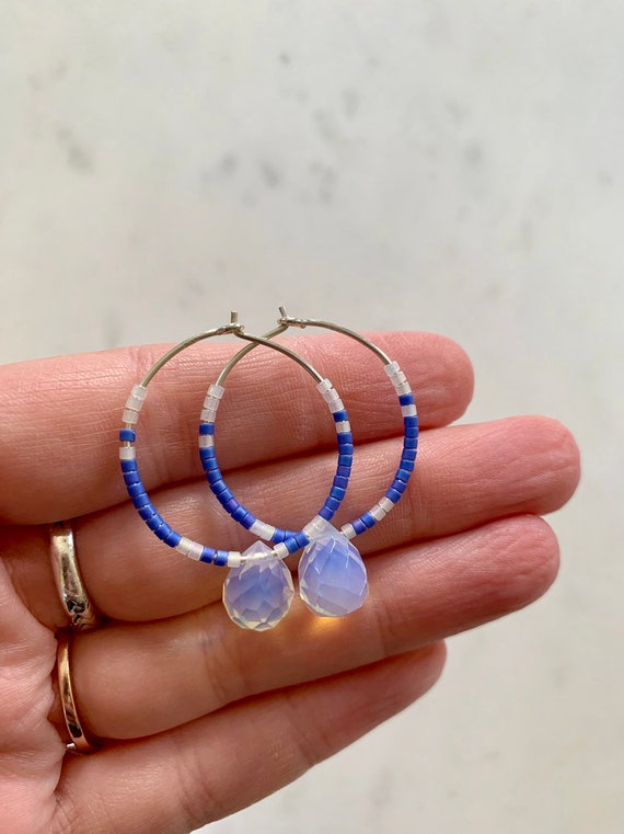 Opalescent + Egyptian Blue Glass Beaded + Dangle OPALITE Sterling Silver HOOP Earrings// Earrings/ Hoop Earrings/ Trendy Hoops/ Beaded Hoops