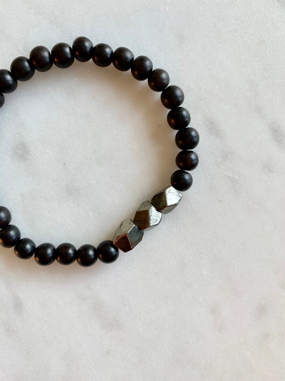 Geometric PYRITE Healing Bracelet w/ Tiger Ebony Wood Beads/ B.J.B.A.// MEN'S Bracelet/ Healing Bracelet// Unisex Bracelet/ Fool's Gold