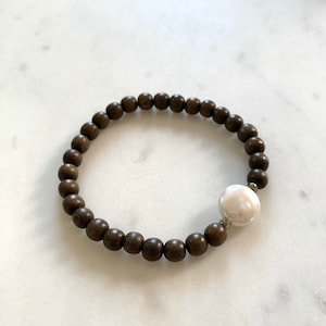 Beautiful PEARL + PYRITE Healing Beads w/Gray Wood Beaded Bracelet// Pearl Coin// Statement Bracelet/ Birthstone Jewelry// JUNE Birthstone