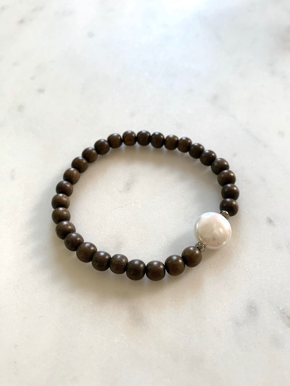 Beautiful PEARL + PYRITE Healing Beads w/Gray Wood Beaded Bracelet// Pearl Coin// Statement Bracelet/ Birthstone Jewelry// JUNE Birthstone