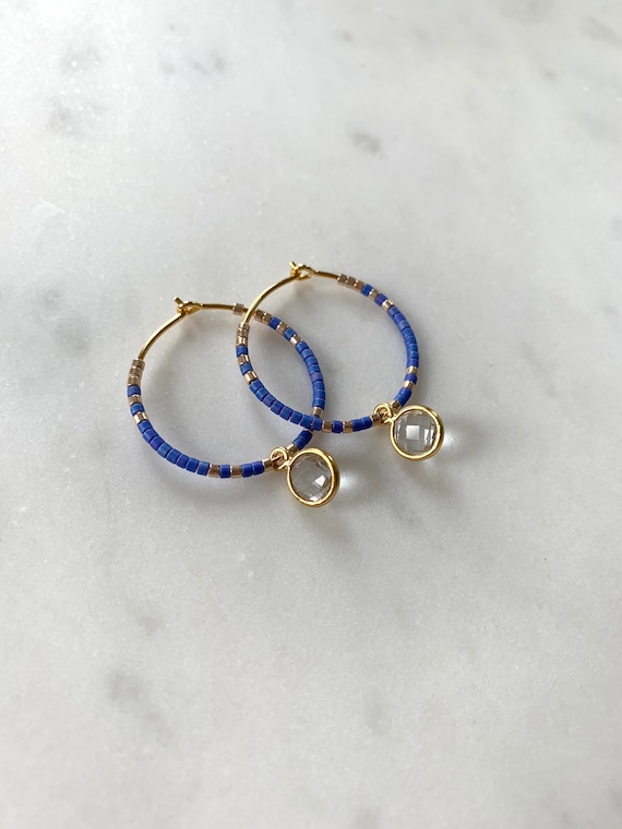 Egyptian Blue + Gold Glass Beaded + Dangle QUARTZ Gold Vermeil HOOP Earrings/ Earrings/ Hoop Earrings/ Beaded Earrings/ Mother’s Day Gifts