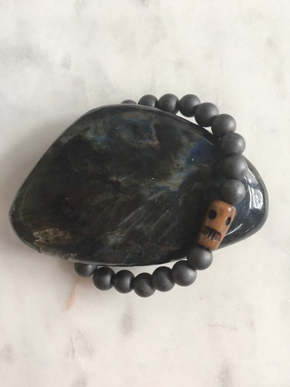 Frosted Hematite + Carved Wood Skull Healing Beaded Bracelet// B.J.B.A./ MEN'S BRACELET// Healing Bracelet/Unisex Bracelet// Skull Bracelet