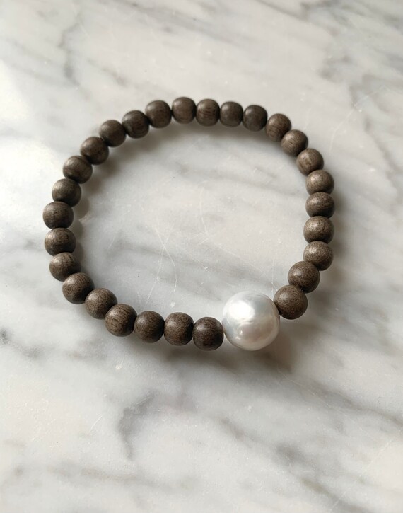 Beautiful Fresh Water PEARL w/Gray Wood Beaded HEALING Bracelet// Statement Bracelet// Birthstone Jewelry// JUNE Birthstone// Pearl Jewelry