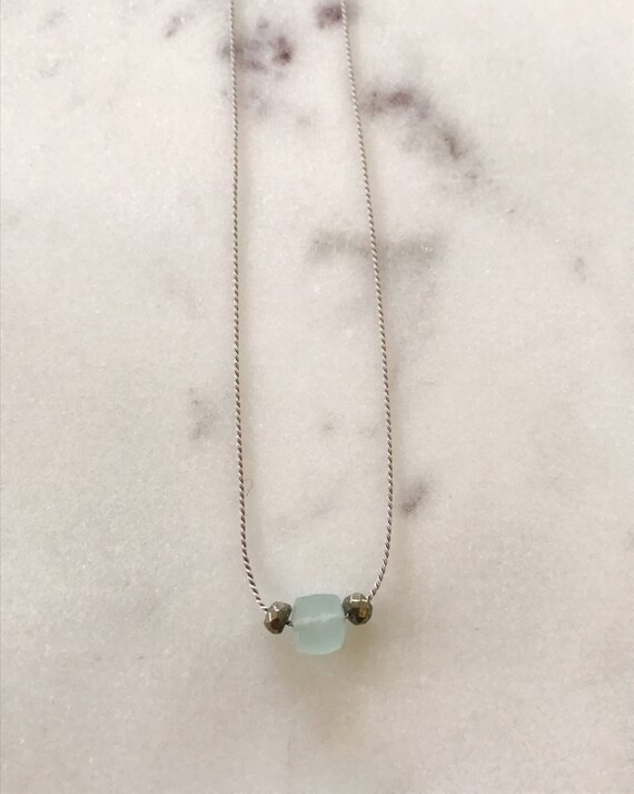 Aquamarine and Pyrite GEM DROP Healing NECKLACE with Faceted Beads on Silk Cord// Layering Necklace// Healing Necklace// March Birthstone