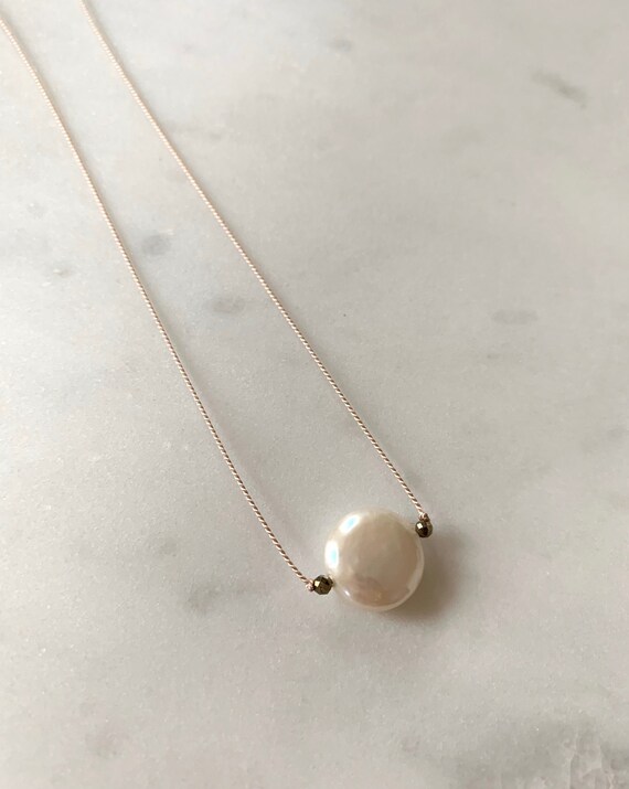 PEARL + Pyrite GEM Drop HEALING Necklace w/Pearl Coin on Nylon Cord w/Sterling Clasp/ Layering Necklace// Healing Necklace/ June Birthstone