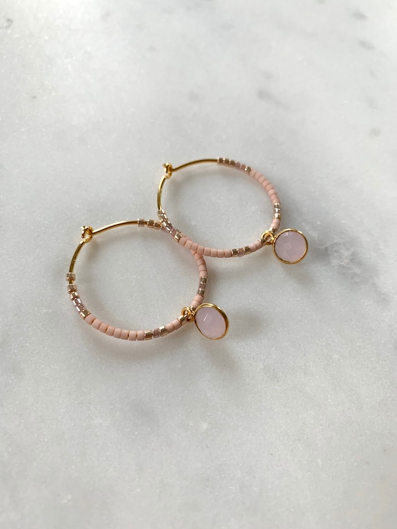 Pink + Gold Glass Beaded + Dangle ROSE QUARTZ Gold Vermeil HOOP Earrings/ Earrings/ Hoop Earrings/ Beaded Earrings/ Mother’s Day Gifts