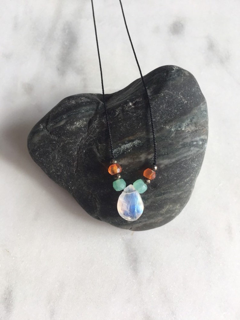 FERTILITY Gem Drop Healing Necklace w Rainbow Moonstone Carnelian Chrysoprase Pyrite Beads on Silk Cord Positive Mantra Jewelry